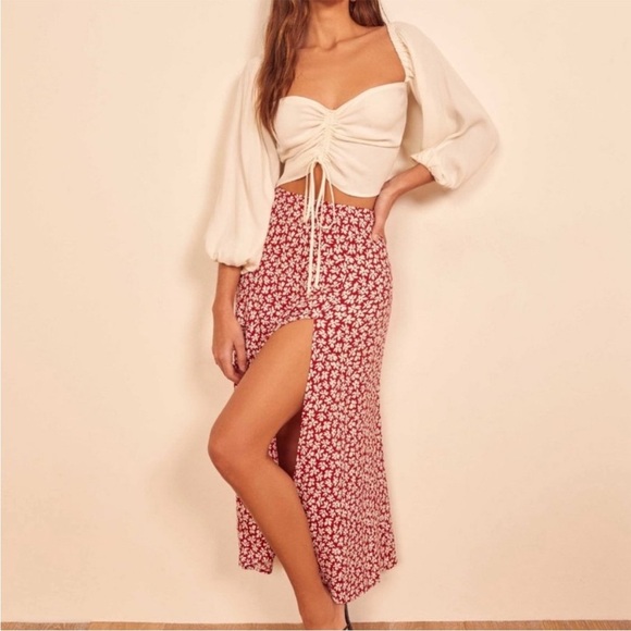 Reformation Zoe Grenadine Red And White Floral Print Midi Skirt NWT Size 12 - Picture 2 of 15